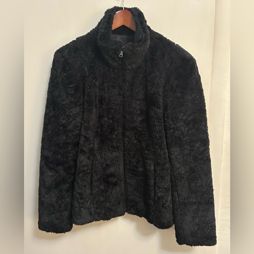 Vintage Esprit Faux Fur Jacket Coat Womens M Black Full Zip Indie Sleeze Pop 90s